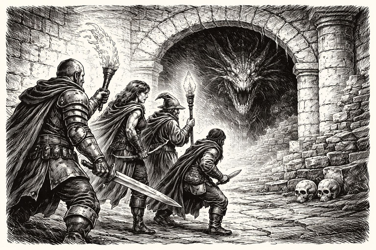 Illustration en noir et blanc de style ancien montrant un groupe d’aventuriers explorant un donjon face à un dragon.