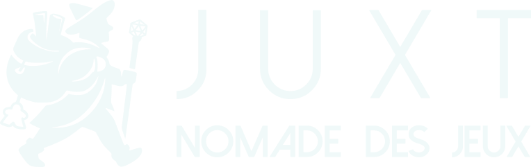 Logo JUXT repr&eacute;sentant un ma&icirc;tre de jeu nomade avec sac et b&acirc;ton en forme de d&eacute;.