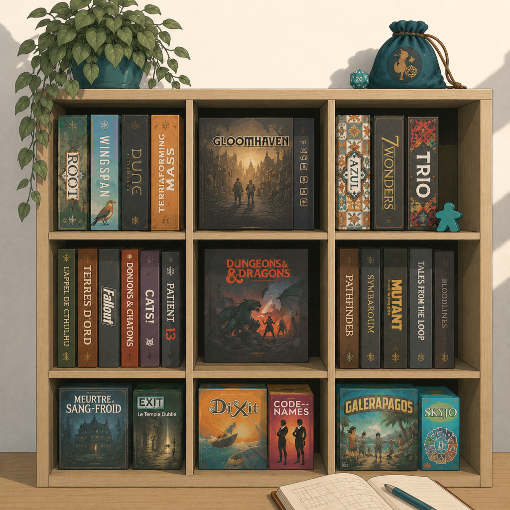 Illustration d'une biblioth&egrave;que de jeux et de livres de jeux de r&ocirc;le, avec quelques accessoires ludiques, repr&eacute;sentant l'exp&eacute;rience et la diversit&eacute; des animations propos&eacute;es par JUXT.
