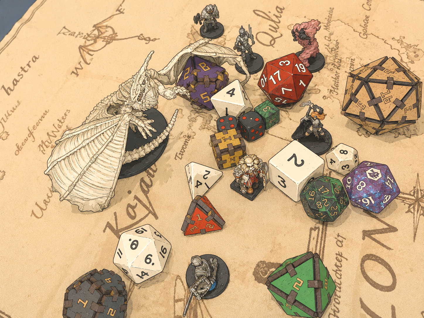 Illustration repr&eacute;sentant une carte de fantasy, des d&eacute;s poly&eacute;driques, des figurines de jeu de r&ocirc;le et une figurine de dragon, dans un style graphique inspir&eacute; de la bande dessin&eacute;e franco-belge.