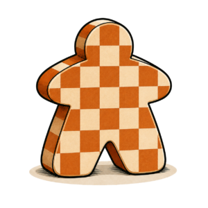 Illustration d'un meeple orange &agrave; motif damier, repr&eacute;sentant les jeux de soci&eacute;t&eacute; propos&eacute;s par JUXT.