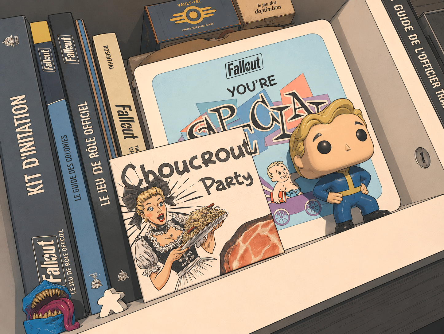 Illustration d'une &eacute;tag&egrave;re regroupant des jeux, des livres, des objets de collection et des accessoires inspir&eacute;s de diff&eacute;rents univers ludiques, dans un style graphique proche de la bande dessin&eacute;e franco-belge.