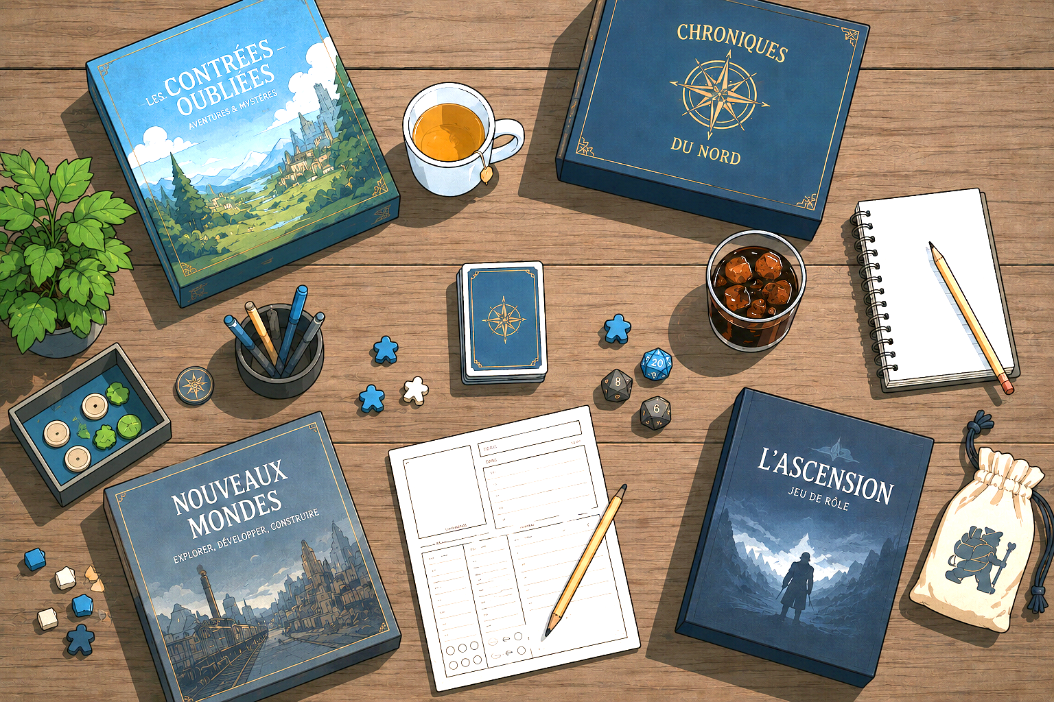 Illustration vue de dessus d'une table en bois avec des jeux de soci&eacute;t&eacute;, un livre de jeu de r&ocirc;le, des cartes, des meeples, des d&eacute;s, une tasse de th&eacute;, un verre de soda et un carnet, repr&eacute;sentant un moment de jeu convivial.