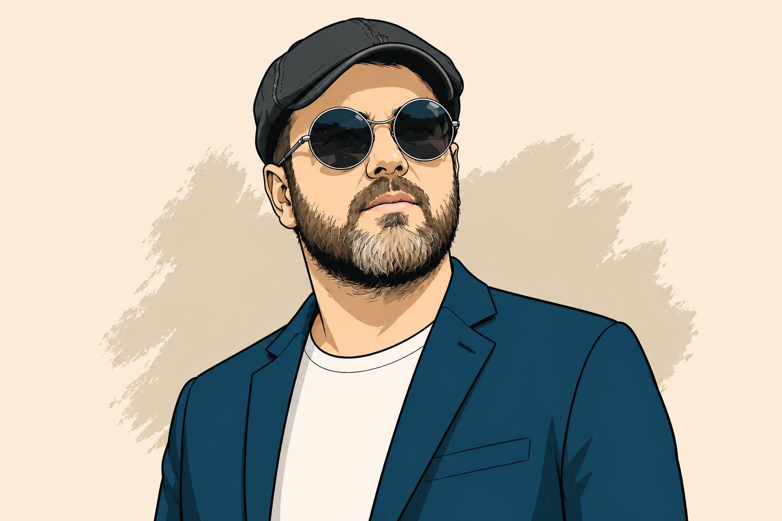 Portrait illustr&eacute; de Julien, fondateur de JUXT, portant une casquette, des lunettes rondes, une veste bleu p&eacute;trole et un t-shirt blanc.