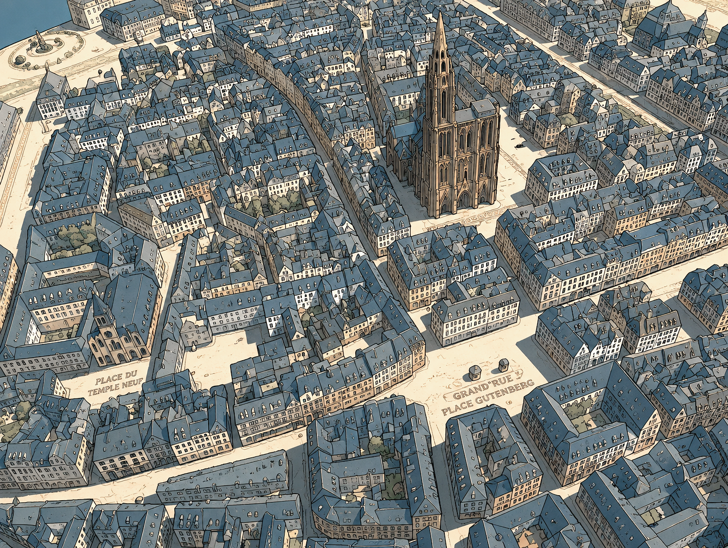 Illustration repr&eacute;sentant un plan en relief du centre historique de Strasbourg, avec la cath&eacute;drale et les rues environnantes vues en perspective.